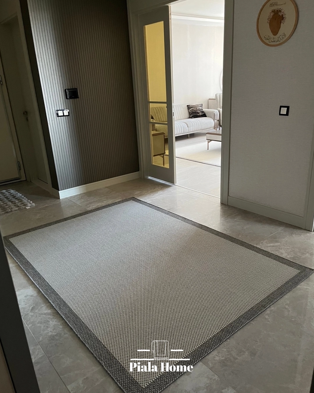Krem Gri Seritli   Çerçeveli Sisal Halı Plus Serisi